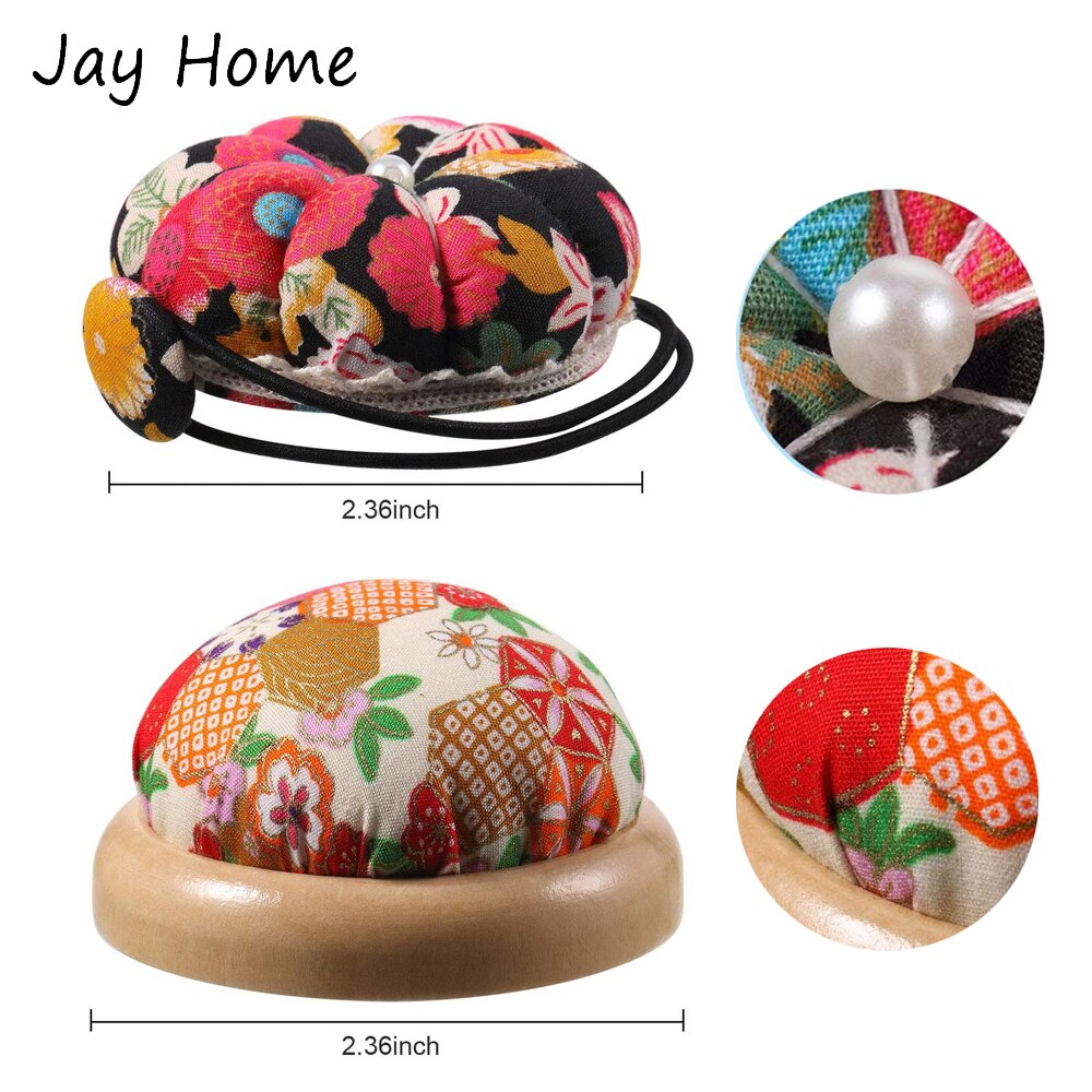 1PC Sewing Pin Cushion Wearable Wrist Pincushions Cute Floral Wooden Base Needle Pin Cushions Holder for Needlework Craft