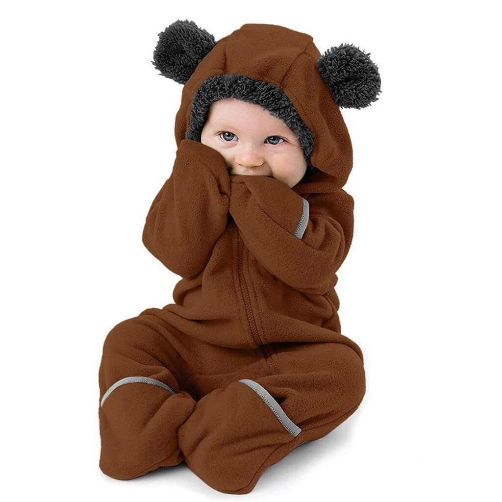 Baby Jumpsuit Romper Baby Baby Meisjes Jongens Solid Cartoon Fleece Oren Hoodie Romper Kleding Jumpsuit: Brown / 3-6 Months