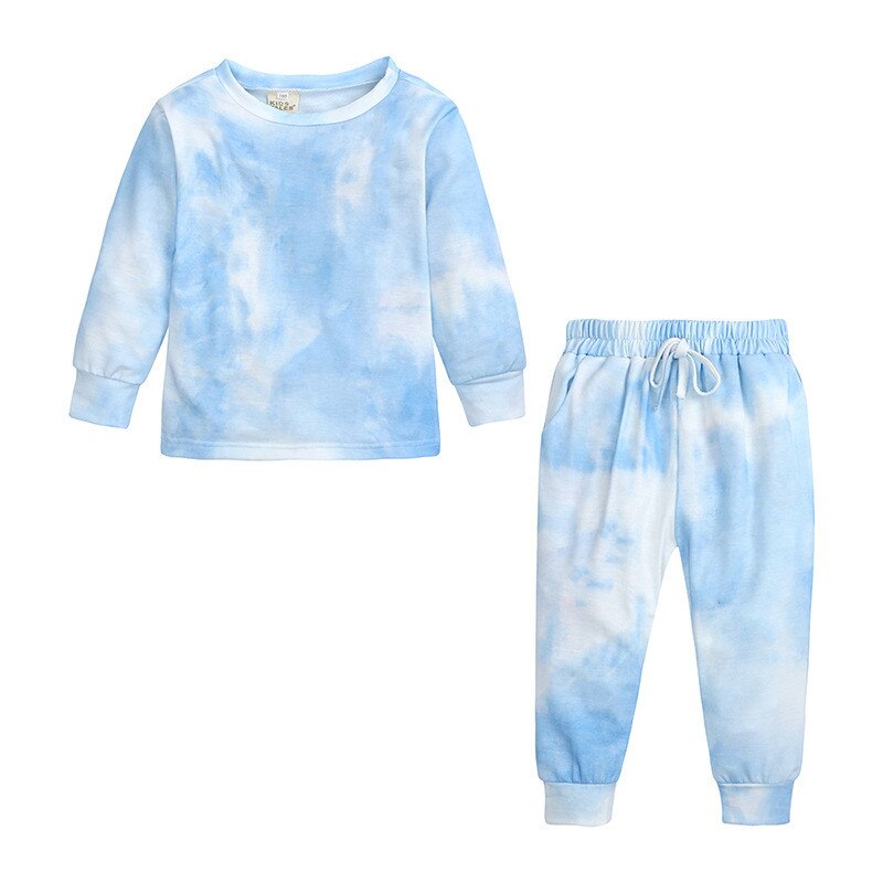 Toddler Girls Pajamas Set Autumn Winter Children Cotton Tie Dye Clothing Set Long Sleeve Top+Dye Pant 2 PCS Ribbed Kids Sets: S48 blue / 6-7T