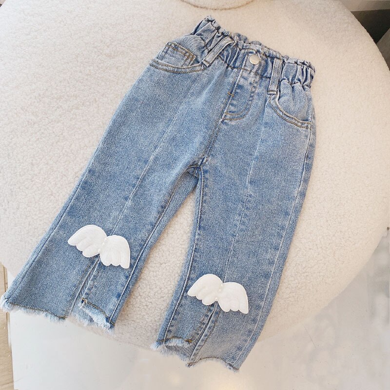 Spring Children‘s Denim Jeans Kids Boot Cut Pants Cute Wing Split Girls Casual Trousers