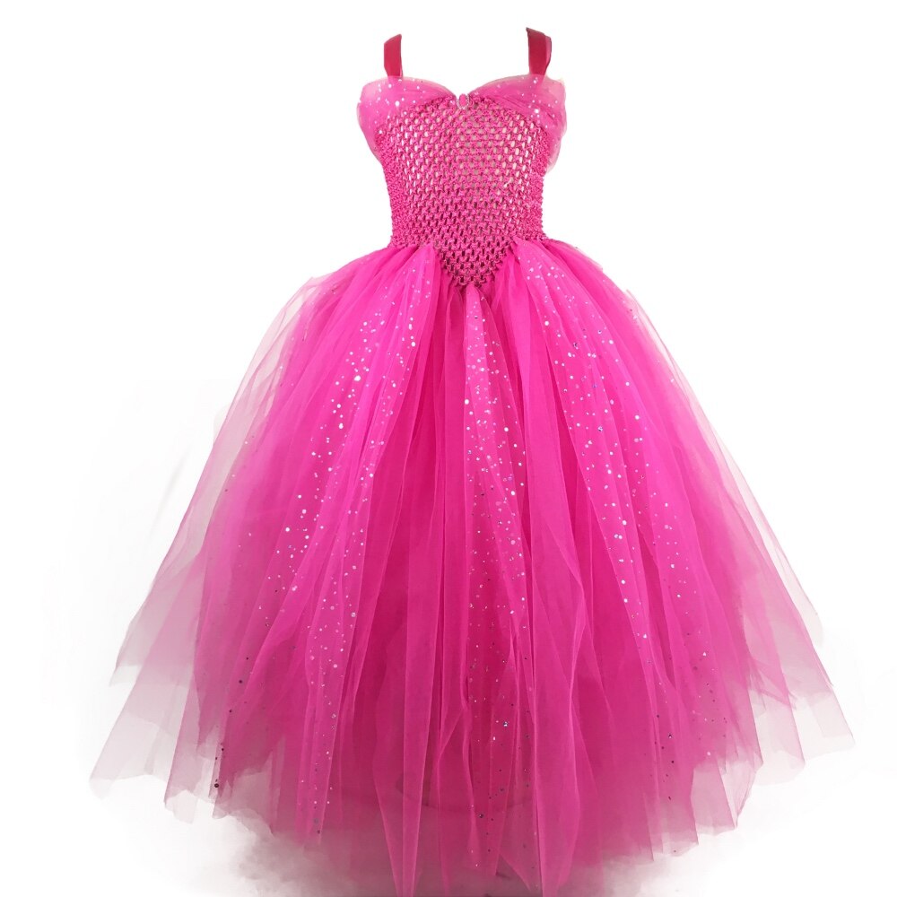 Meisjes Roze Glitter Tutu Jurk Kids Haak Sparkle Tule Jurk Lange Baljurk Kinderen Verjaardagsfeestje Kostuum Prinses Jurk: 11
