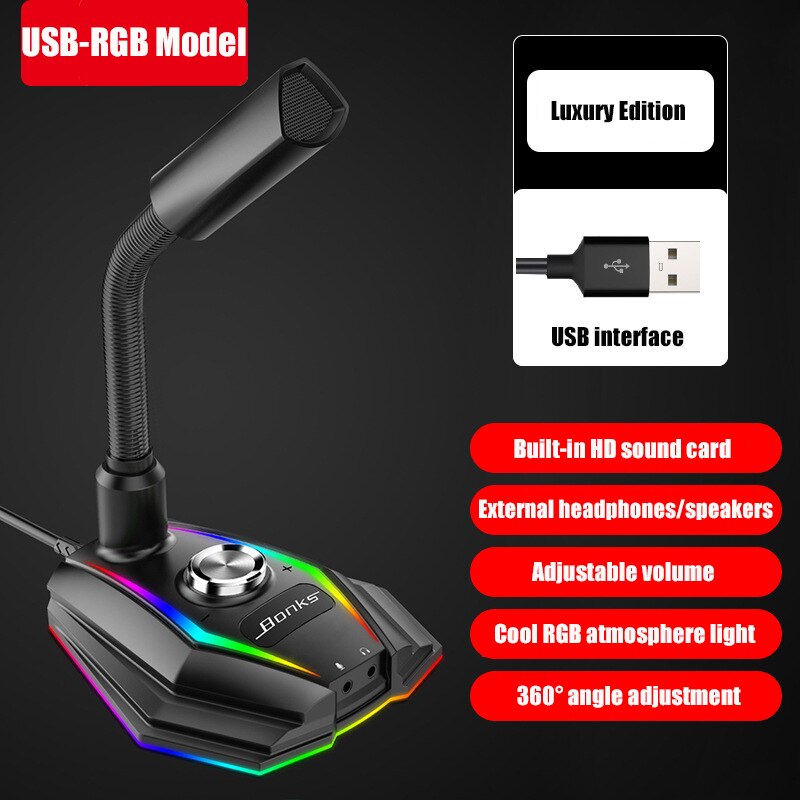 USB Sound Card RGB Microphone Computer With Speaker Headset Jack Free Drive Noise Reduction 360° Rotate HD Receiver: USB-RGB-Model