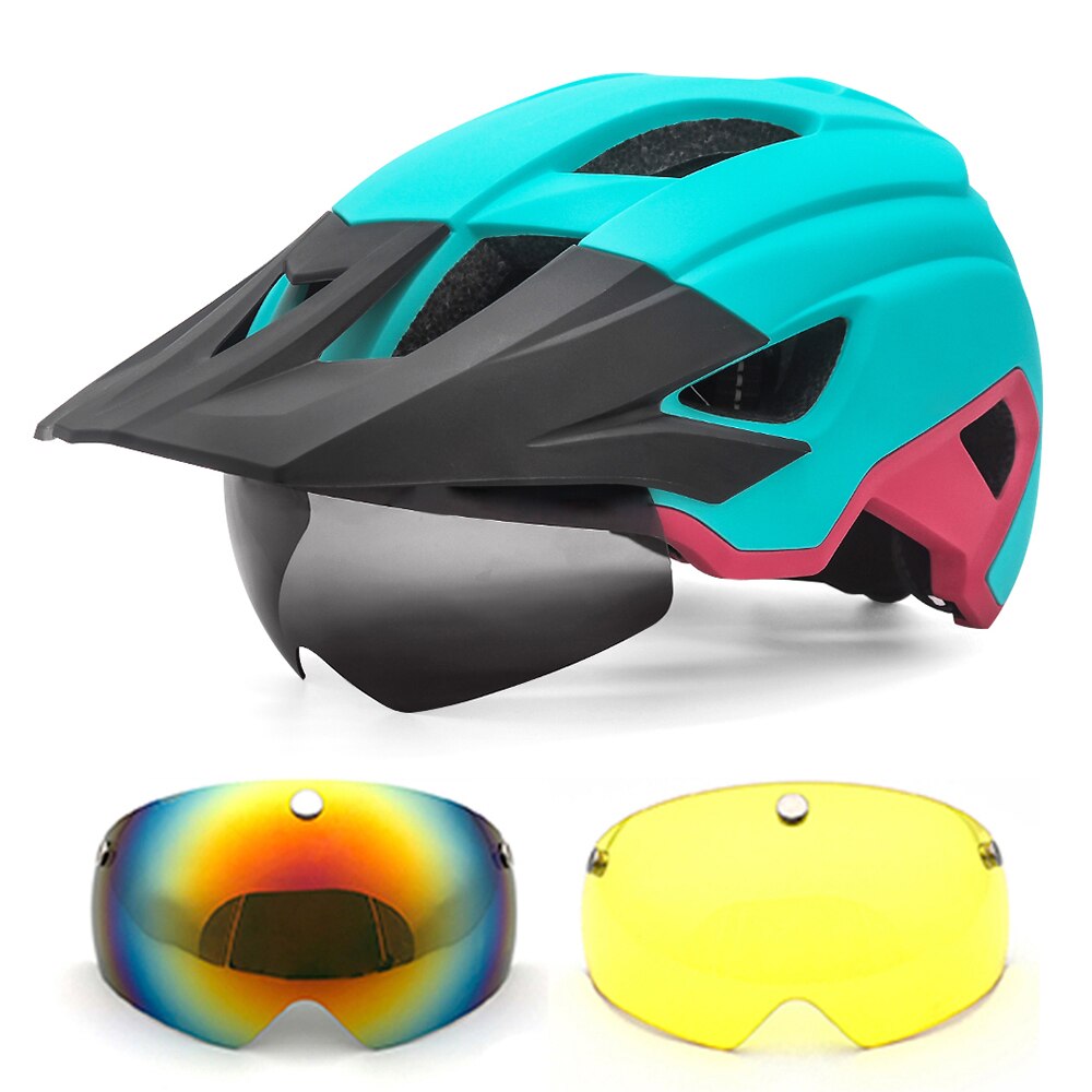 Mtb Helm Fietsen Mannen Vrouwen Rijden Met Achterlicht En Zonneklep Goggles Xc Weg Mountainbike Helmen Met Lens casco Ciclismo: Water lake blue-2