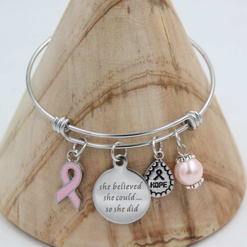 Breast Cancer Awareness Bracelet Expandble Stainless Steel Bangle Jewelry for Women Pulsera