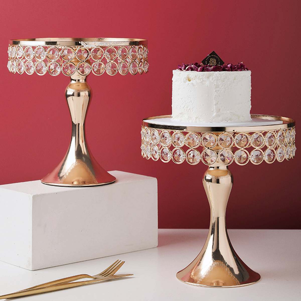 Gylden krystal kage stativ cupcake bakke spejl overflade bryllupsfest dekoration metal krystaller kager holder kop kage bakker værktøj