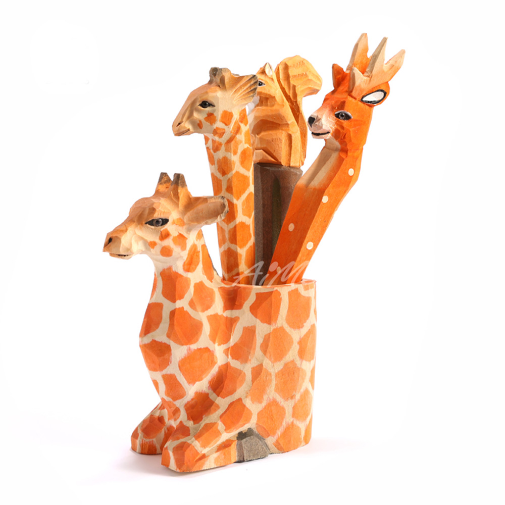 1Pc Coloffice Handmade Wood Carving Pets Animal Yellow Cat Ballpoint Pen Office Stationery School Writing Supplies