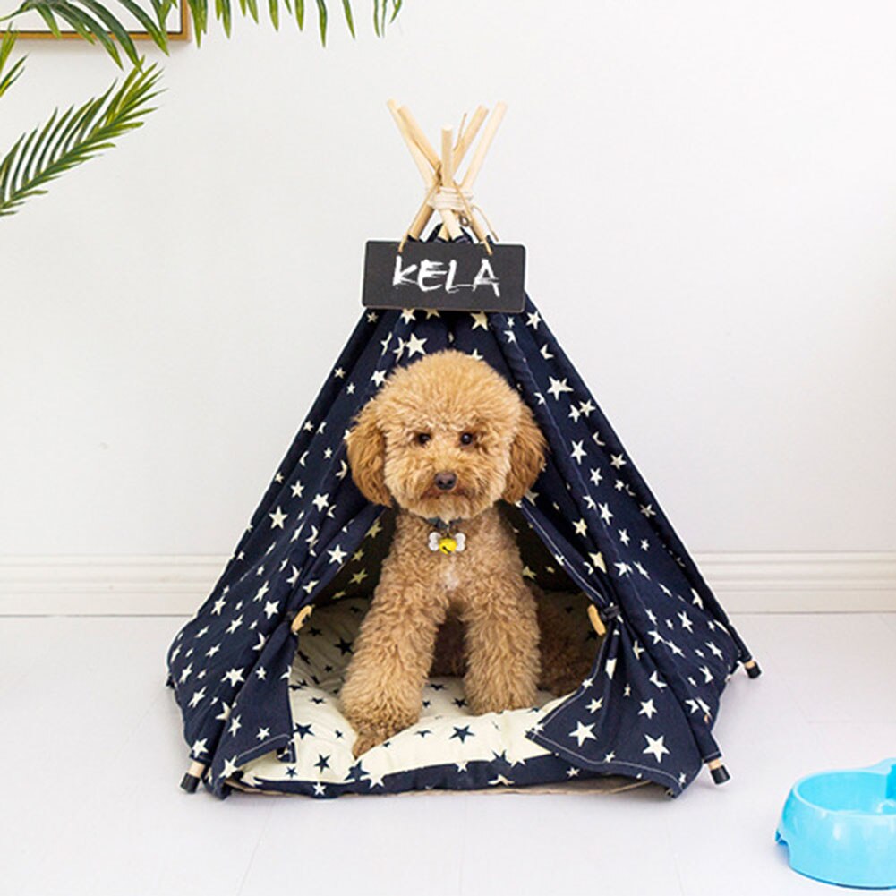 Portable Teepee Star Pattern Pet Tent House Pet Cat Dog Tent Foldable Dog House Nest Bed Dog Cages Kennels House with Cushion