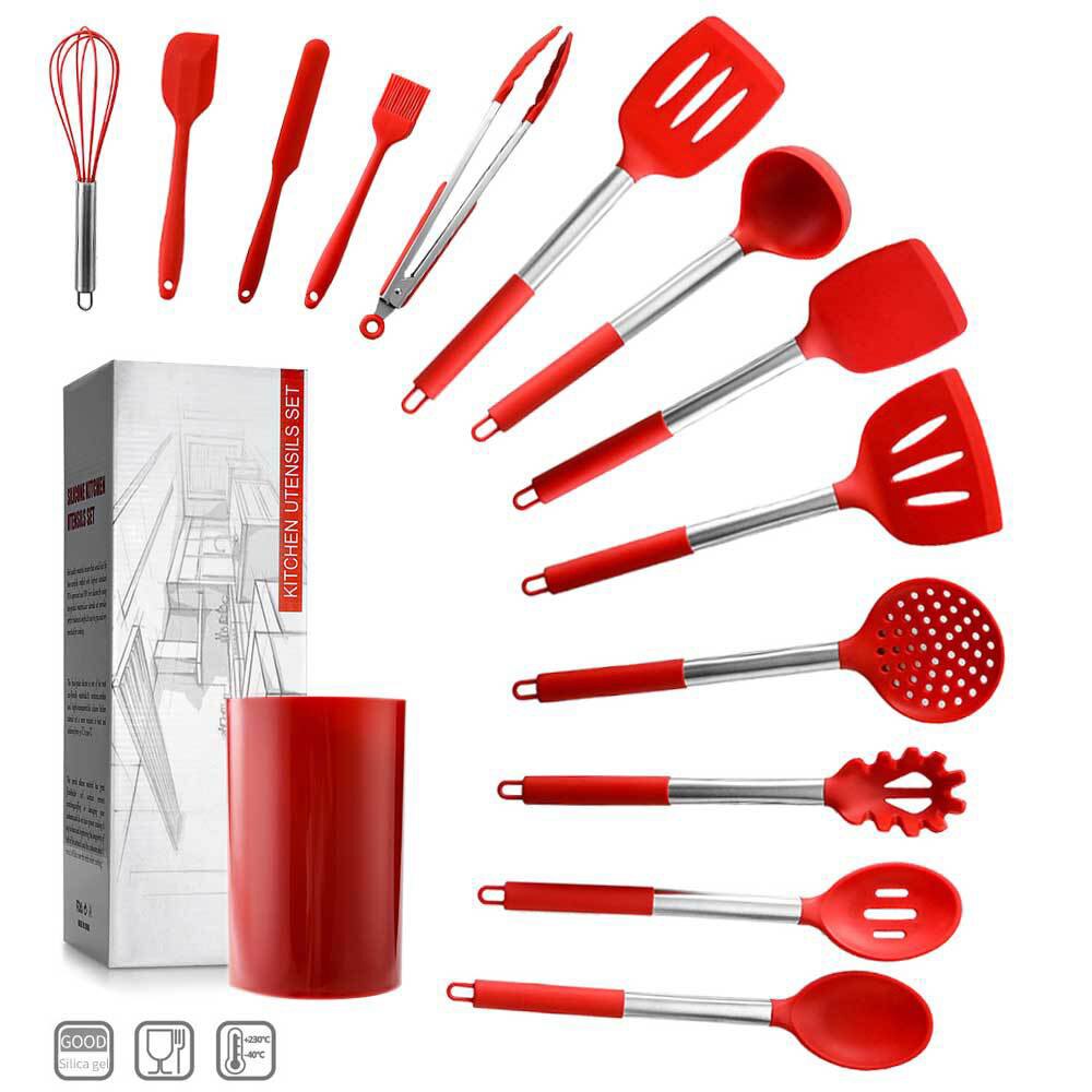 14 ustensiles de cuisine en Silicone, ensemble de ustensiles de cuisine, spatule antiadhésive, poignée en acier inoxydable, ensemble d'outils de cuisine de alimentaire: red 14pcs