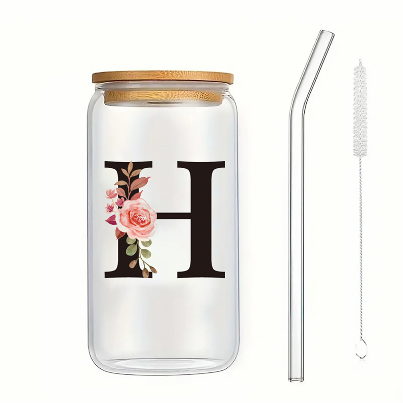 Alphabet Flowers Drinking Glass Letter A-Z Iced Coffee Water Juice Bottle Portable Clear Cup with Lid Straw Brush Birthday: Orange