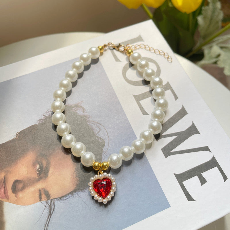 TONG luxe perle collier pour animaux de compagnie chat chien collier amour pendentif fournitures pour animaux de compagnie amour cristal collier chaton collier chat collier: M / Rouge
