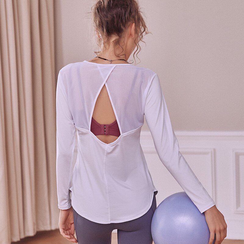 Cretkoav tilbage hule fitness tøj åndbar netto garn patchwork sport langærmet t-shirt kvinder løs hurtigtørrende yoga top