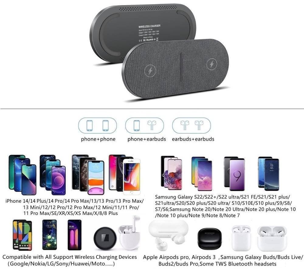 40W 2 in 1 Wireless Charging Pad for iPhone 15 14 13 12 11 Pro Max XS XR X Airpods Pro 3 Fast Charger Mat Dual 20W Station Stand