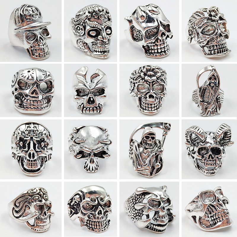30 stuks/batch van gothic punk grote schedel ring vrouwen mannen sport fiets retro antiek zilver religieuze verklaring sieraden;