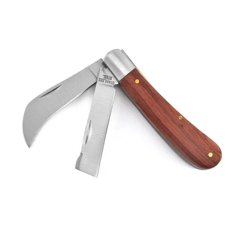 Folding Grafting Knife Grafting Tools Grafting Pruning Knife Garden Fruit Tree Grafting Cutter Wooden Handle Knife: Orange