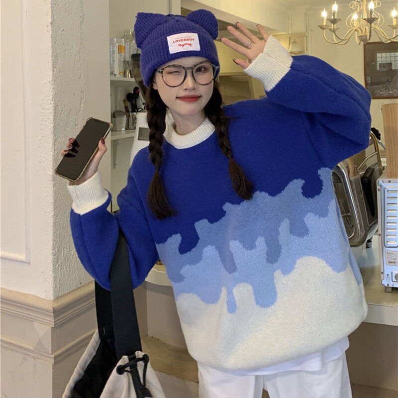 Pull en maille pour femmes, style Hip Hop, Streetwear, dégradé, Harajuku, décontracté, noir, bleu, automne,