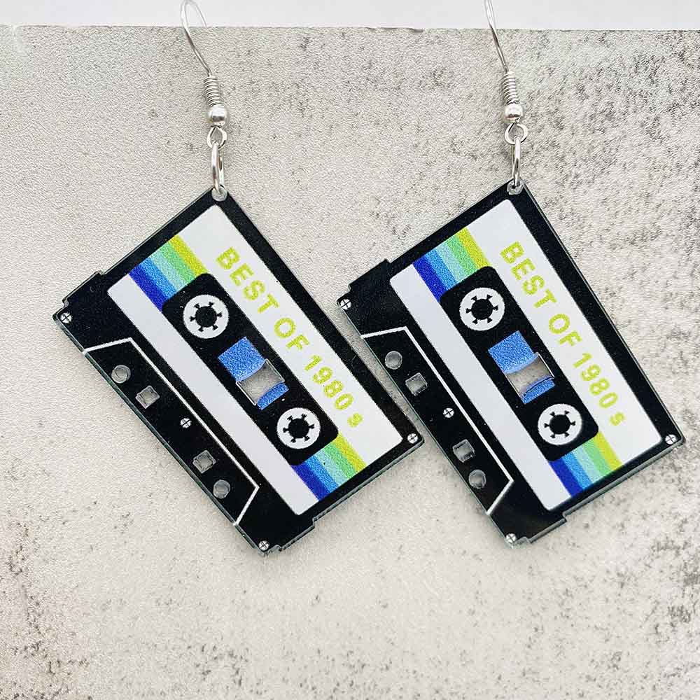 Pendientes de registro de película con cinta de casete de estilo Vintage, pendientes para entusiastas de la música, color blanco y negro, para entusiastas de la música navideña: Bronce antiguo plateado