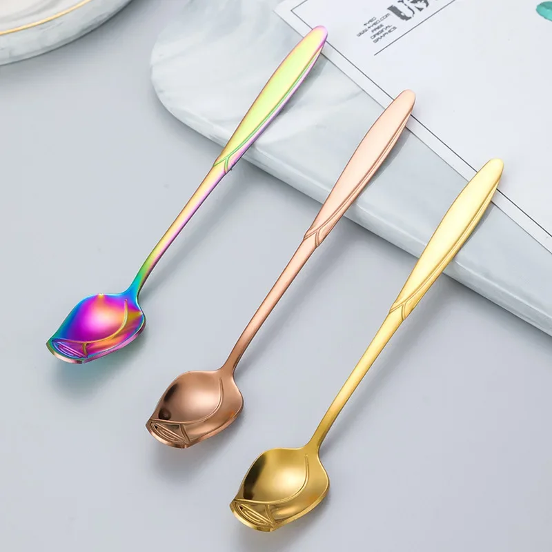 Long Handled Teaspoons Stainless Steel Coffee Spoon Ice Cream Dessert Tea Stirring Spoon for Picnic Kitchen Tableware Bar Tools