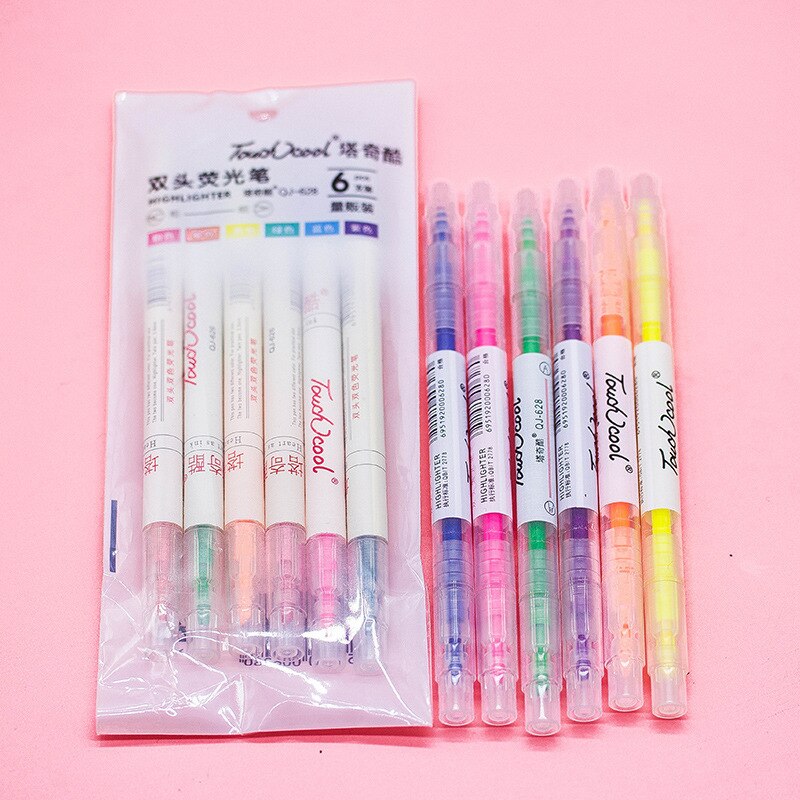 6Pcs/Setmarkers Pen Mildliner Highlighter Pennen Milde Liner Double Headed Fluorescerende Pen Leuke Art Tekening Mark Pen Briefpapier: 6pcs 6color pens