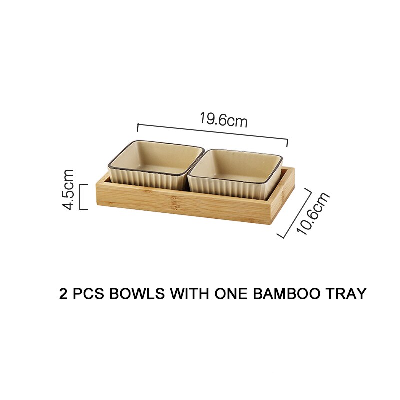 Muzity Keramische Vierkante Kommen Saus Schotel Porselein Dessert Snack Platen Met Bamboe Lade Kerstcadeau: beige- a set