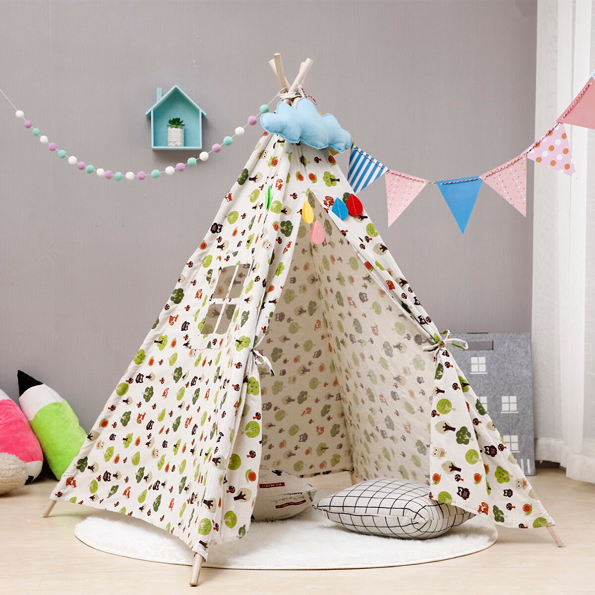 11 Style Larger Folding Indoor Baby Game House India Triangle Tent Princess castle Canvas Original Teepee Kids Teepee NO MAT: Green Flower / 1.3m