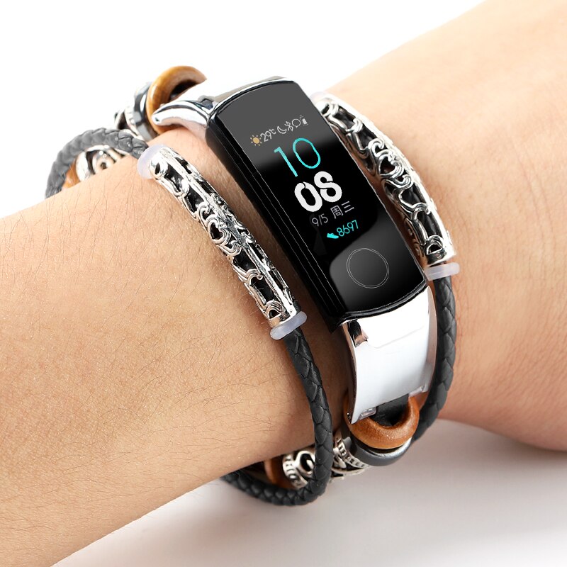 Pulsera de cuero para HONOR Band 5 4 Correa Metal acero inoxidable decoración para HUAWEI HONOR Band 5 Correa pulseras Accesorios: 7782 / For HONOR BAND 4