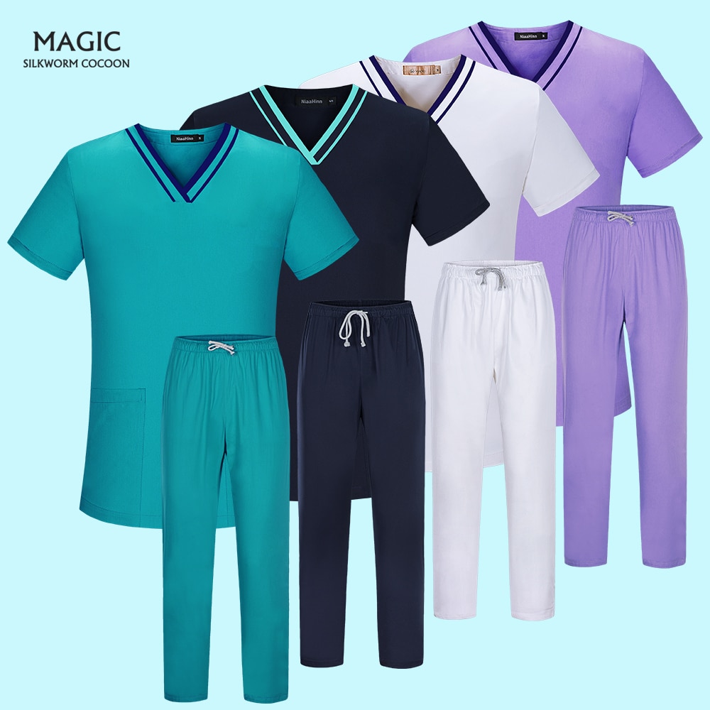 Gesundheit Service Arbeits Uniformen Kurzarm V-ausschnitt Peelings Anzug Tops + Hosen Scrubs Kleidung Männer Arbeitskleidung Scrubs Frauen Spa Uniformen