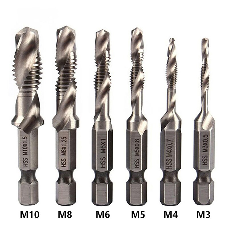 6Pcs Tap Drill Bit Hex Shank Titanium Plated HSS Screw Thread Metric Bit Screw Machine Compound Tap M3 M4 M5 M6 M8 M10 Hand Tool: 6PCS Silver