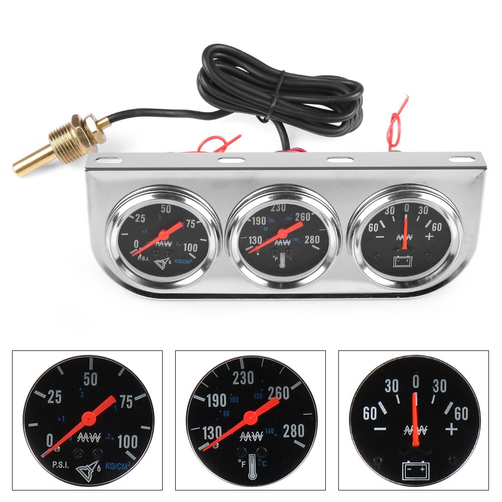 2 &quot; 52mm krom panel olietryksmåler vand temp måler amp meter triple gauge sæt sæt sort ansigt bilmåler  yc101324