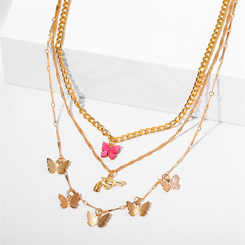 17KM Trendy Multilayered Butterfly Chain Necklace For Women Gold Pink Pistal Pendant Chain Necklaces Jewelry