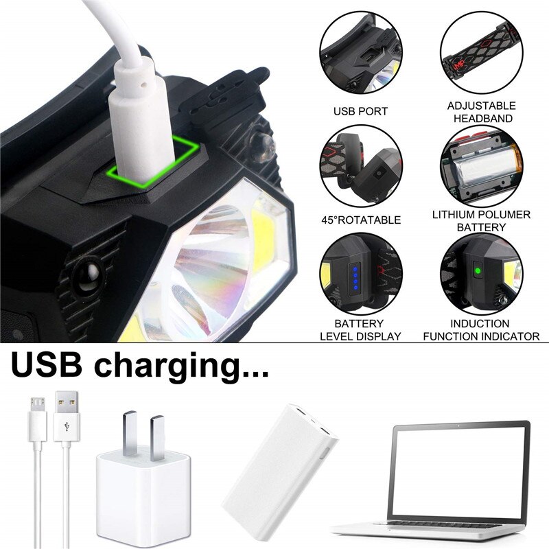 Meest Krachtige Led Koplamp T6 + Cob Led Oplaadbare Body Motion Sensor Zaklamp Head Light Fakkel Lamp Met Usb Camping vis