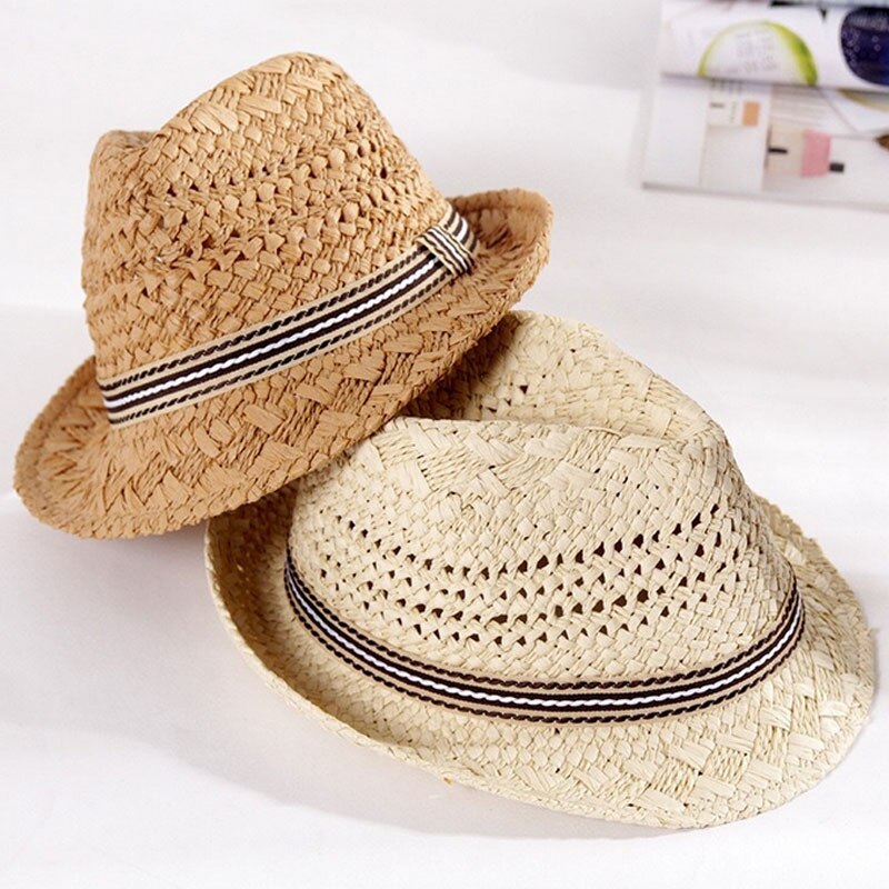 Enkla barn handgjorda halmhatt vintage bred brätte mössa sommar strand solkräm hattar
