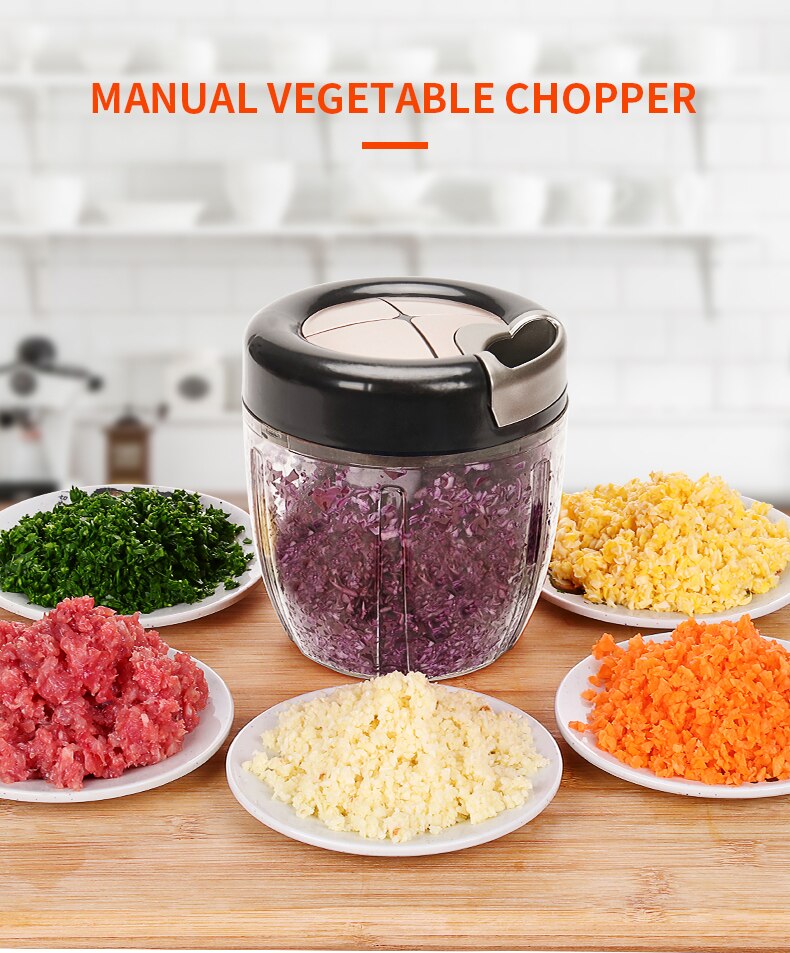 Manual Food Chopper Stainless Steel Pull String Hand Held Veggie Processor Chop Fruit Vegetable Large-Capacity Storage Box