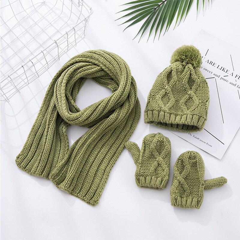 Kids Jongens Meisjes Winter Warm Breien Sjaal Hoed Handschoen Kinderen Baby Sjaals Effen Kleur Geel Rood Gebreide Caps: green(set)