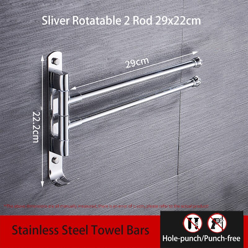 Rotatable Rod Towel Hanger Bar Punch-Free Stainless Steel Wall Shower Hanging Movable Holder Rack Bathroom Accessories 00TB0302: 2 Pole Short 29cm