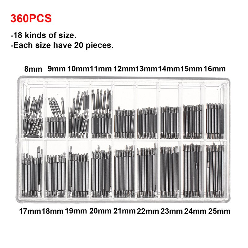 360Pcs Watch Band Spring Bars Roestvrij Staal Horloge Wrist Band Spring Bars Strap Link Pins 8Mm-25Mm 18 Maten