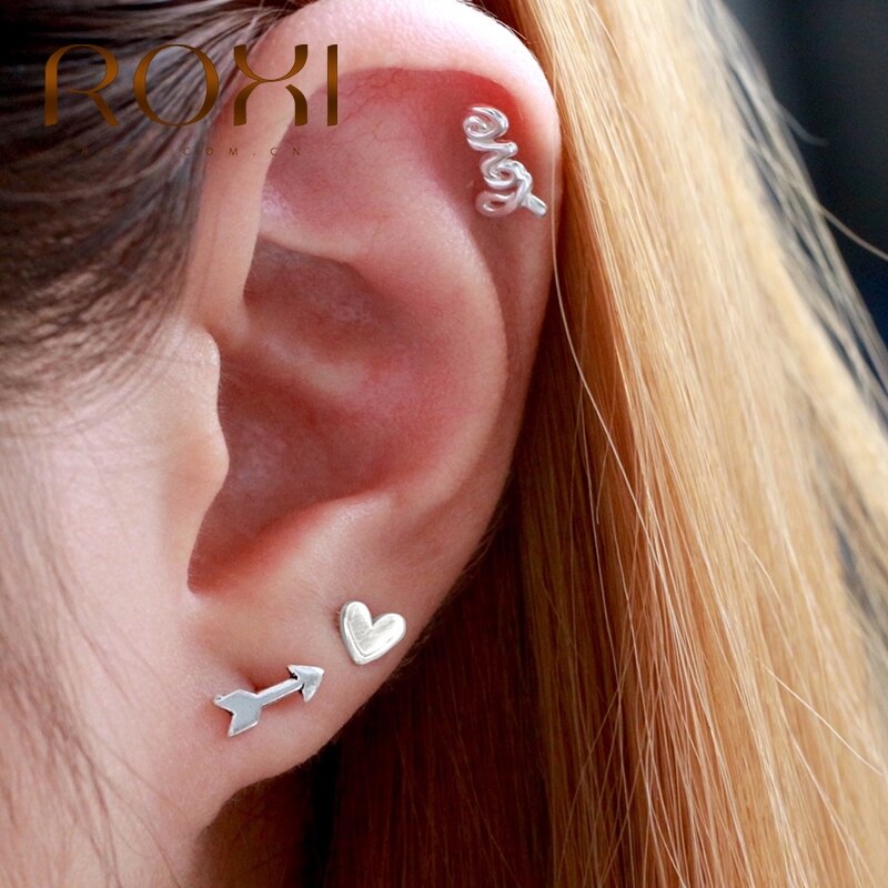 ROXI 925 sterlina d'argento mini Amore Lucido piercing Orecchini per Le Donne ins Cartilagine Vite Prigioniera Del Cuore Orecchino Oorbellen Brincos Gioielli