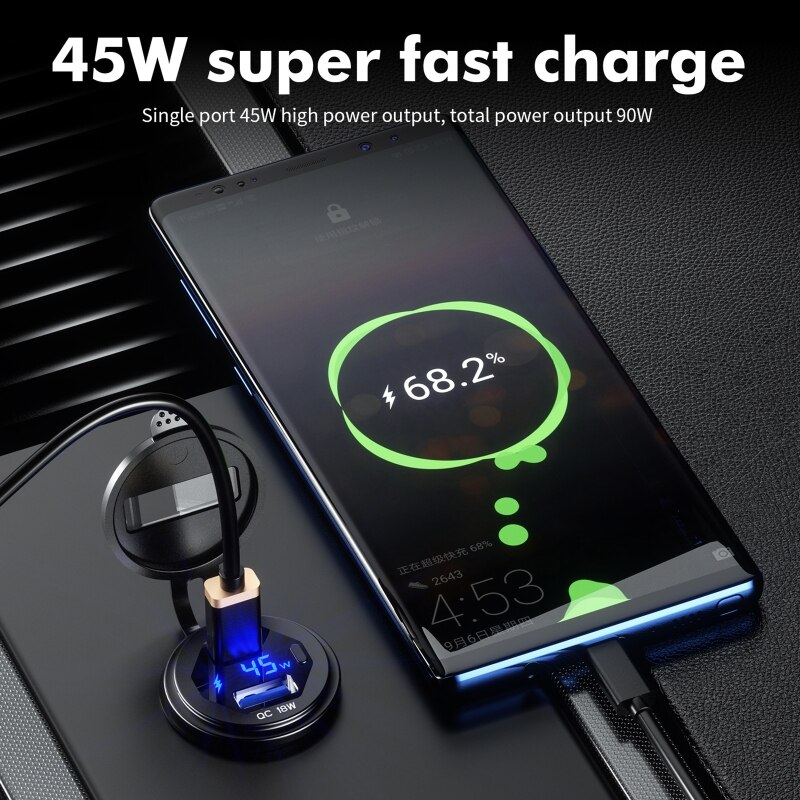 Metallenes 45w- usb-c-pd - + 18w qc3.0- usb-schnellladegerät mit spannungs-/leistungsanzeige für suv, motorrad, lkw, boot, atv