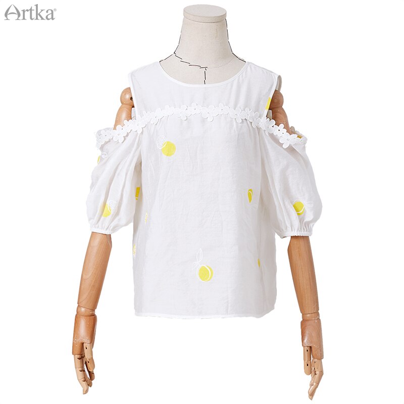 ARTKA Summer Blouse Women Print White Chiffon Shirt Off Shoulder Blouse Loose Short Sleeve Lace Shirt SA20205C