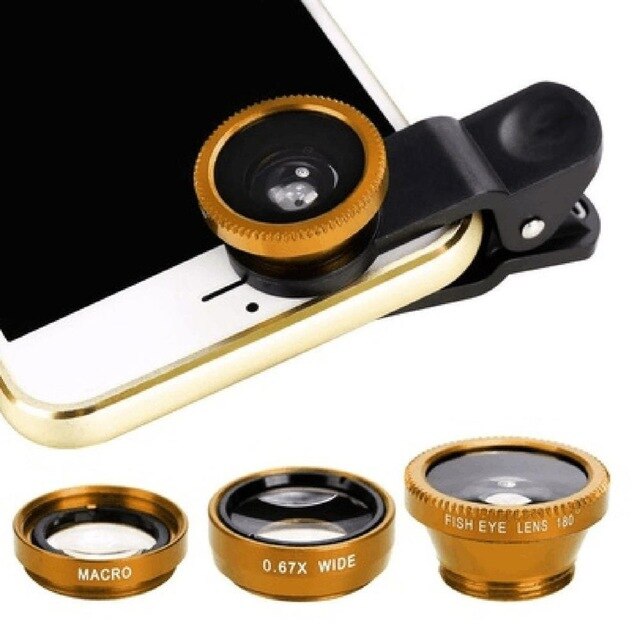 Universal Clip 3 in 1 HD Fish Eye Camera macro Wide Angle Phone Lens For iPhone 7 8 6 6s Plus X For Samsung Xiaomi redmi Huawei: Golden