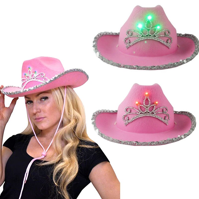Western stil glødende cowboyhat lyserød #39 til kvinder skæv bred skygge med pailletter dekoration led krone tiara cowgirl hat