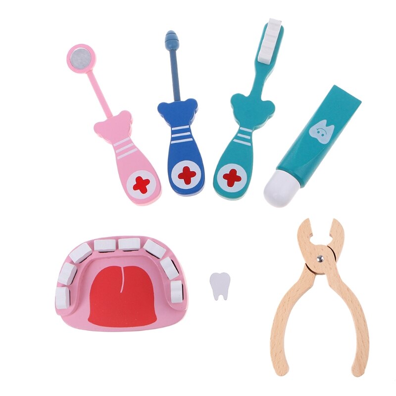 Caja de Medicina de simulación para bebé, juego de herramientas dentales de madera, 6 piezas, ,