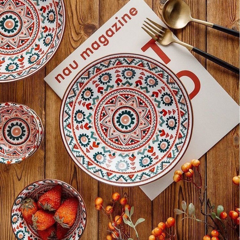 Platos bohemios de hueso de China, vajilla japonesa, juegos de platos para servir, platos de flores, juego de cena, comida, cocina moderna, comedor