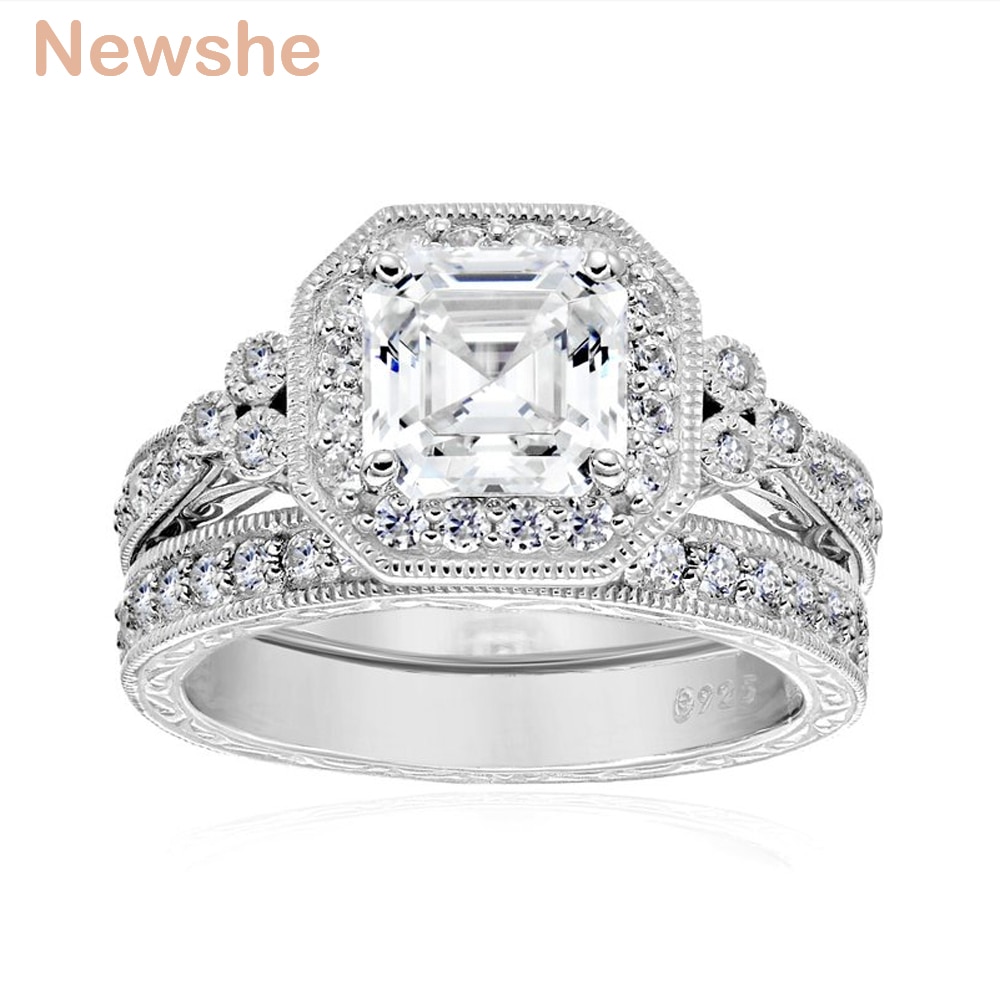 Newshe Genuine 925 Sterling Silver Halo Wedding Engagement Ring Set 1.2 Ct AAA Princess CZ Classic Jewelry For Women JR4970