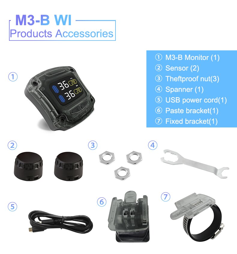 M3-B Wireless Motorcycle TPMS Tire Pressure Monitoring System Digital LCD with Two External/Internal Sensors Easy to install