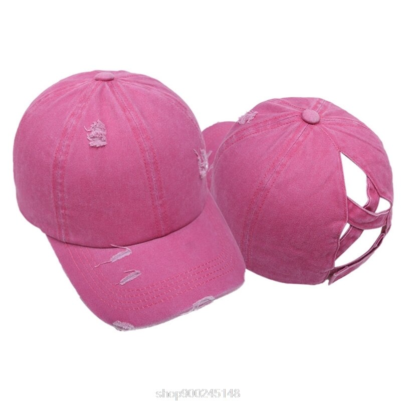 Femmes lavé casquette de Baseball crème solaire en détresse déchiré Criss croix haute queue de cheval réglable chapeau de relance N12 20 directe: Rose Red