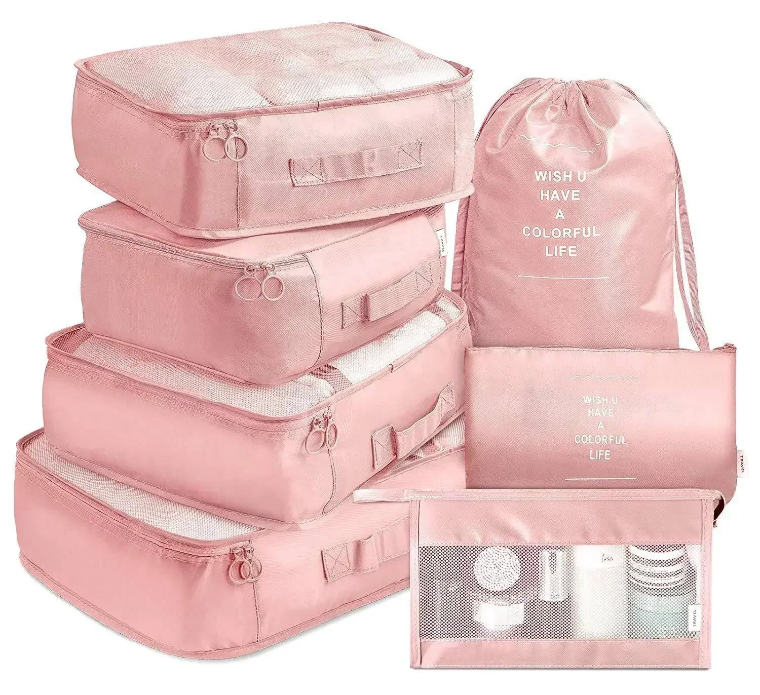 7/Pcs Travel Storage Bag Large Capacity Suitcase Storage Luggage Clothes Sorting Organizer Set Pouch Case Shoes Packing Cube: Pink