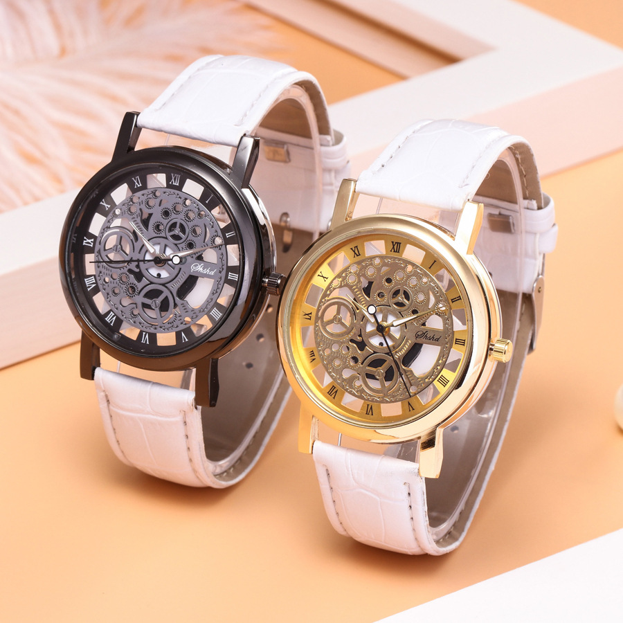 Foloy Watch For Men PU Leather Band Hollowing out Analog Alloy Quartz Wrist Watches Men Watch Clock