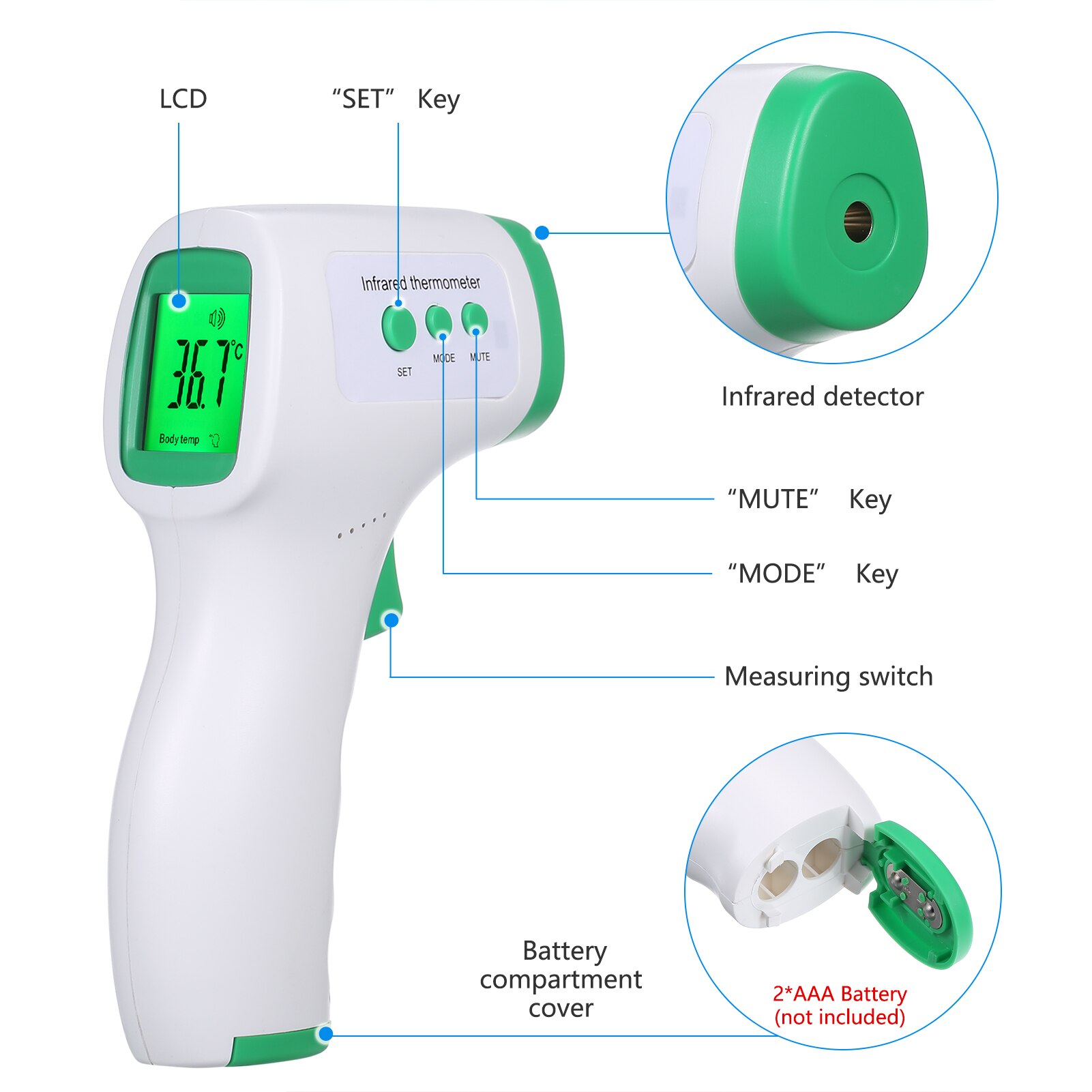 Volwassen Digitale Thermometer Non-Contact Ir Infrarood Thermometer Infrarood Lcd Voorhoofd Temperatuurmeting Huishoudelijke Draagbare