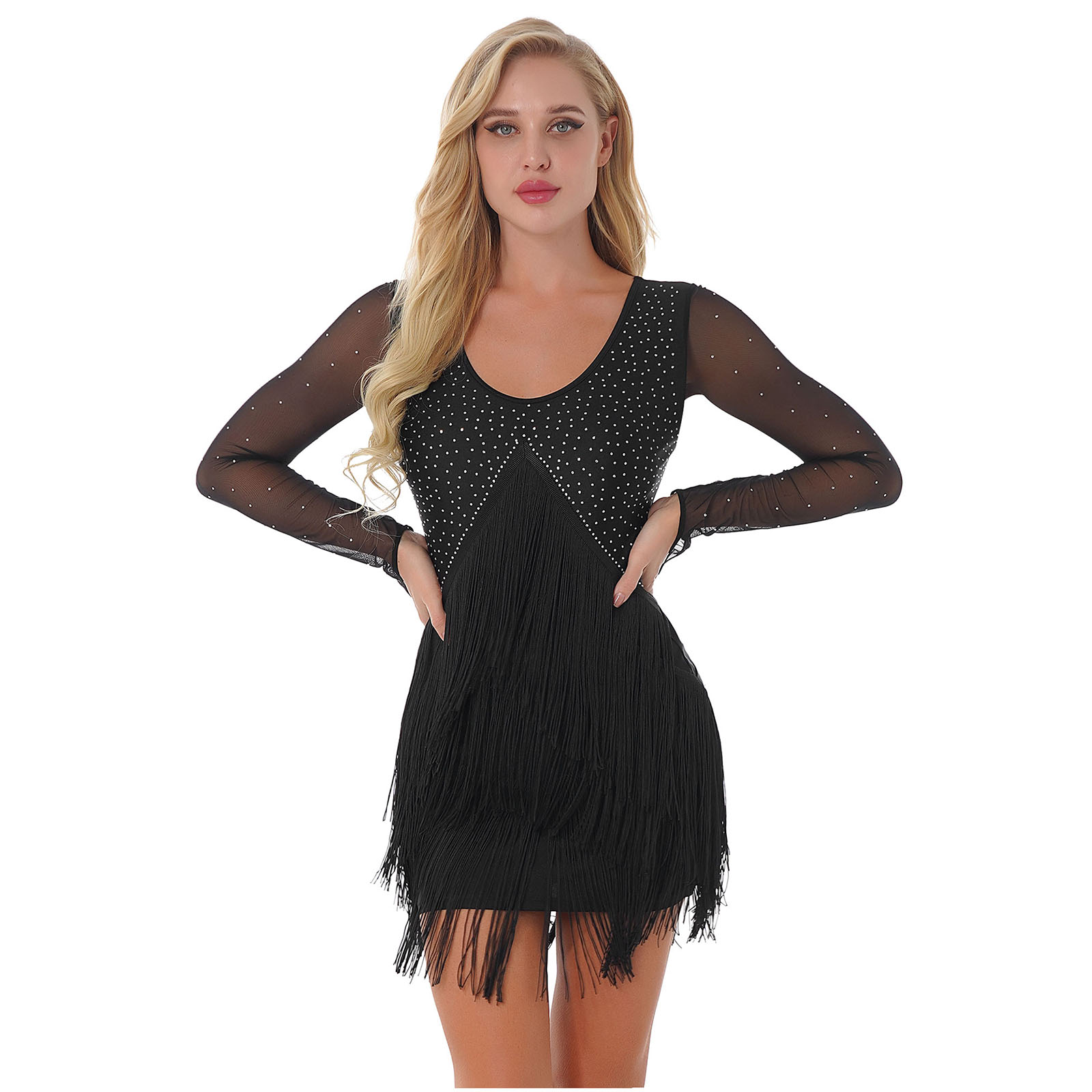 Womens See-through Mesh Long Sleeve Tassel Dance Dresses Sparkly Figure Ice Skating Latin Fringed Dress Ballroom Dancing Costume