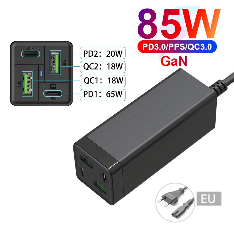 Chargeur USB C 85W, URVNS GaN Tech PD 65W PPS 33W QC 18W, Station de charge rapide USB-C pour iPhone, Samsung, MacBook: EU